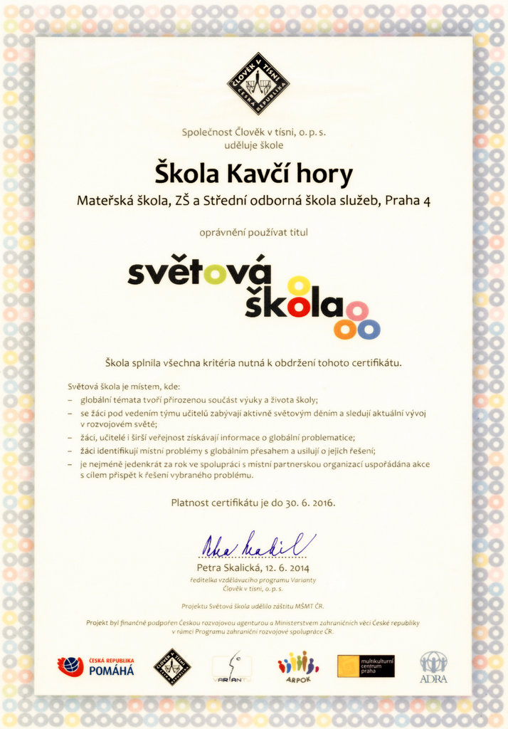 Certifikát - Světová škola