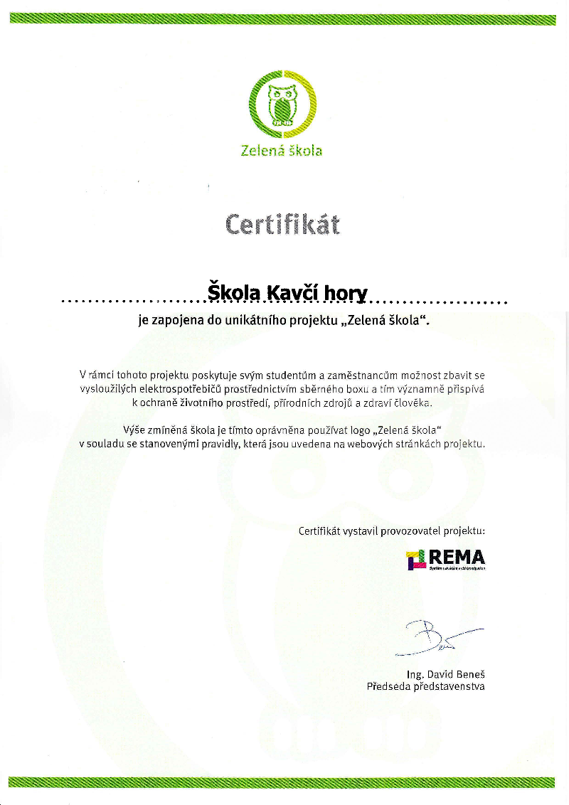 Certifikát Zelená škola
